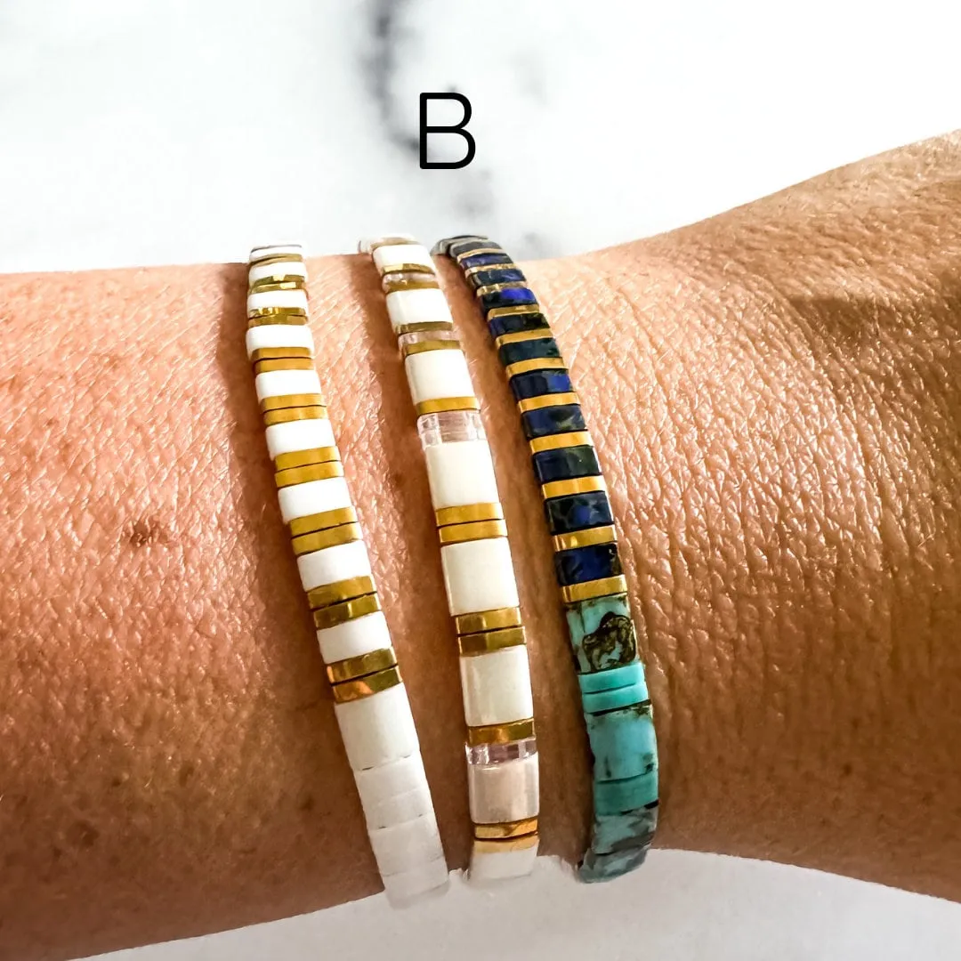 STACK of 3 DISCOUNT | Walk on Water Glass Tila Bead Stretch Bracelets