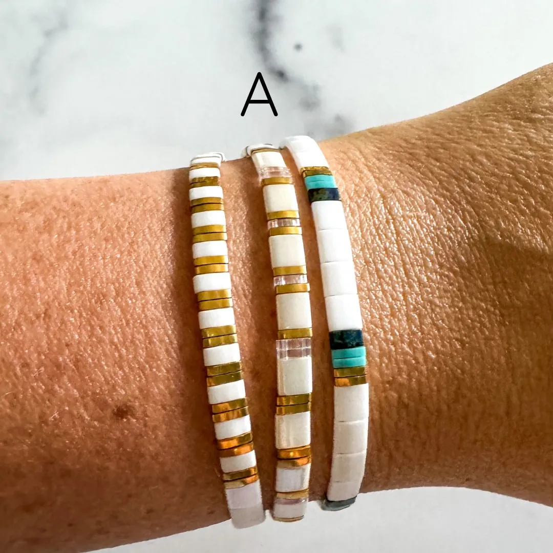 STACK of 3 DISCOUNT | Walk on Water Glass Tila Bead Stretch Bracelets