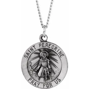 Sterling Silver 18 mm Round St. Peregrine 18" Necklace