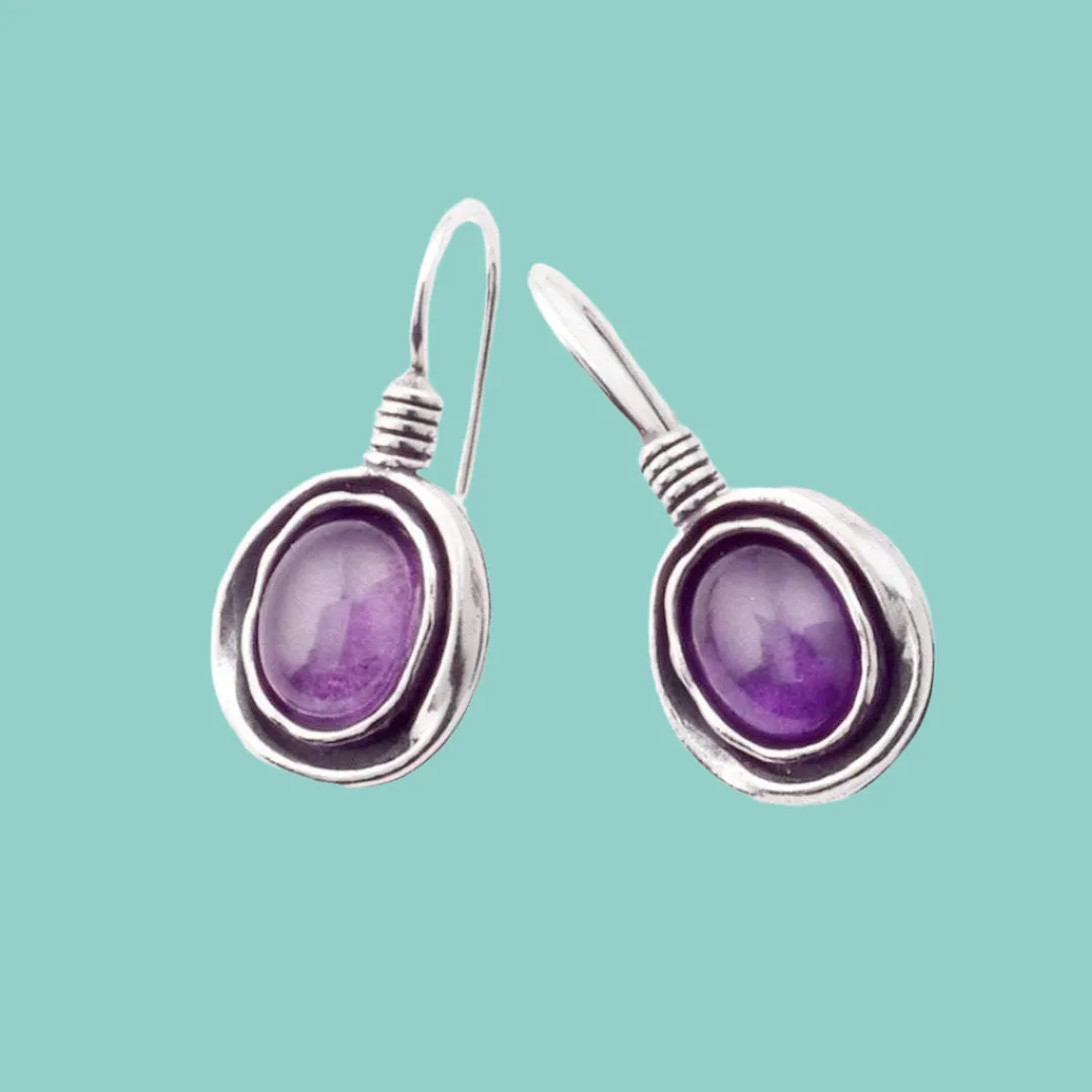 Sterling Silver Amethyst Earrings, Israeli typical silver jewelry