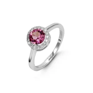 Sterling Silver Rhodium Plated Halo CZ October Birthstone Ring