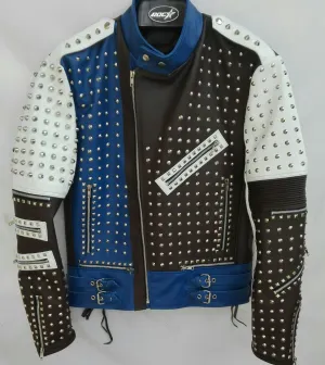 Studded Biker Leather Jacket with Multi-Color Design
