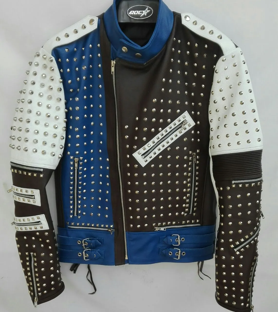 Studded Biker Leather Jacket with Multi-Color Design