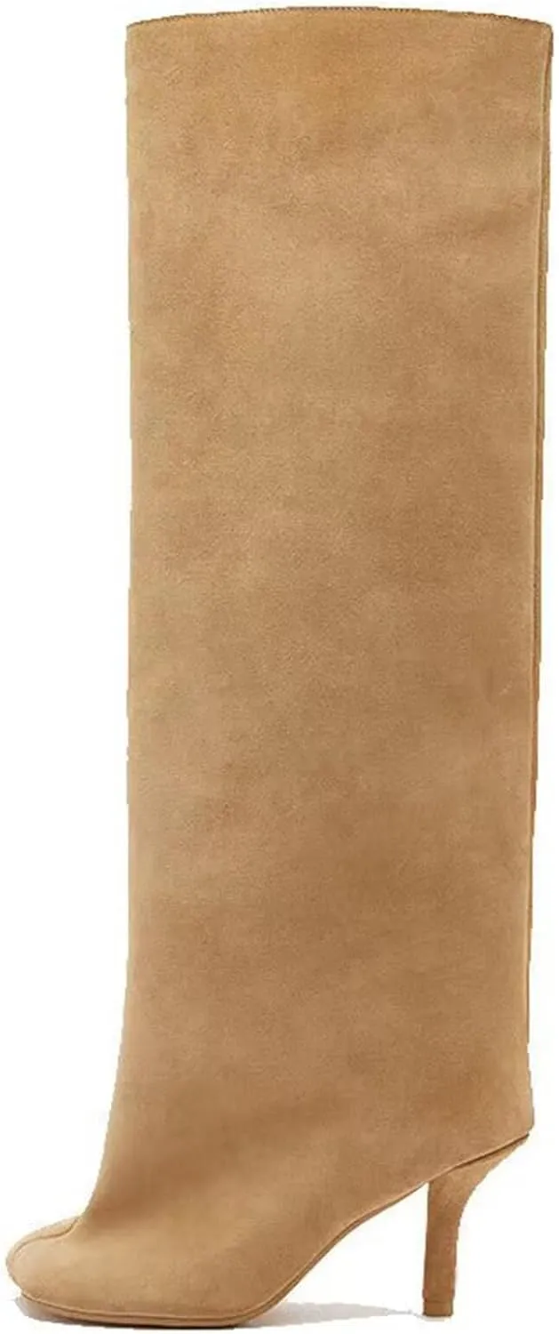 Suede Boots Wide Calf Boots with Slim High Heels Square Toe Stiletto Boots Straight Tall Boots