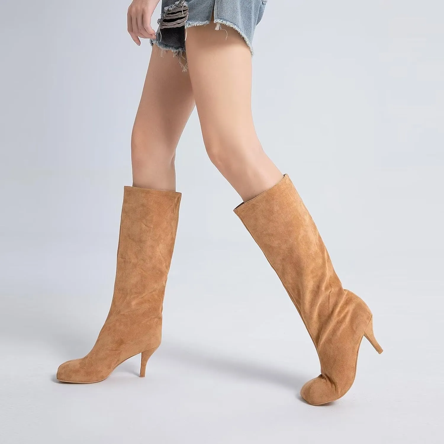 Suede Boots Wide Calf Boots with Slim High Heels Square Toe Stiletto Boots Straight Tall Boots