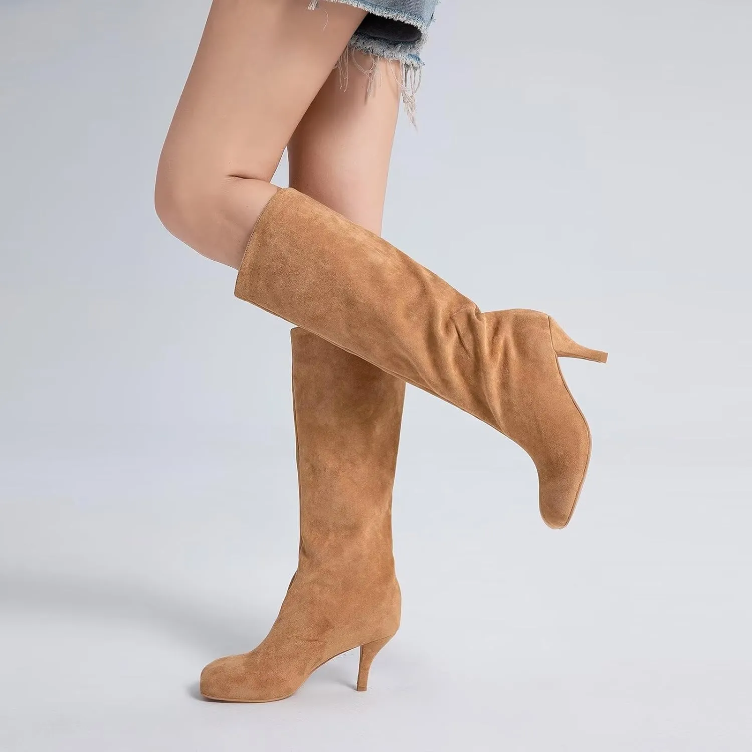 Suede Boots Wide Calf Boots with Slim High Heels Square Toe Stiletto Boots Straight Tall Boots