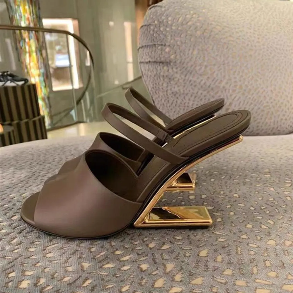 Summer Round Toe Party Sandals Rome Belt Fastener Genuine Leather Lady Strange Metal High Heels Peep Toe Shoes