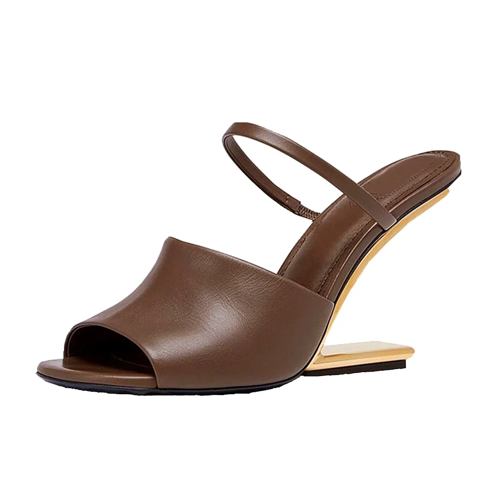 Summer Round Toe Party Sandals Rome Belt Fastener Genuine Leather Lady Strange Metal High Heels Peep Toe Shoes