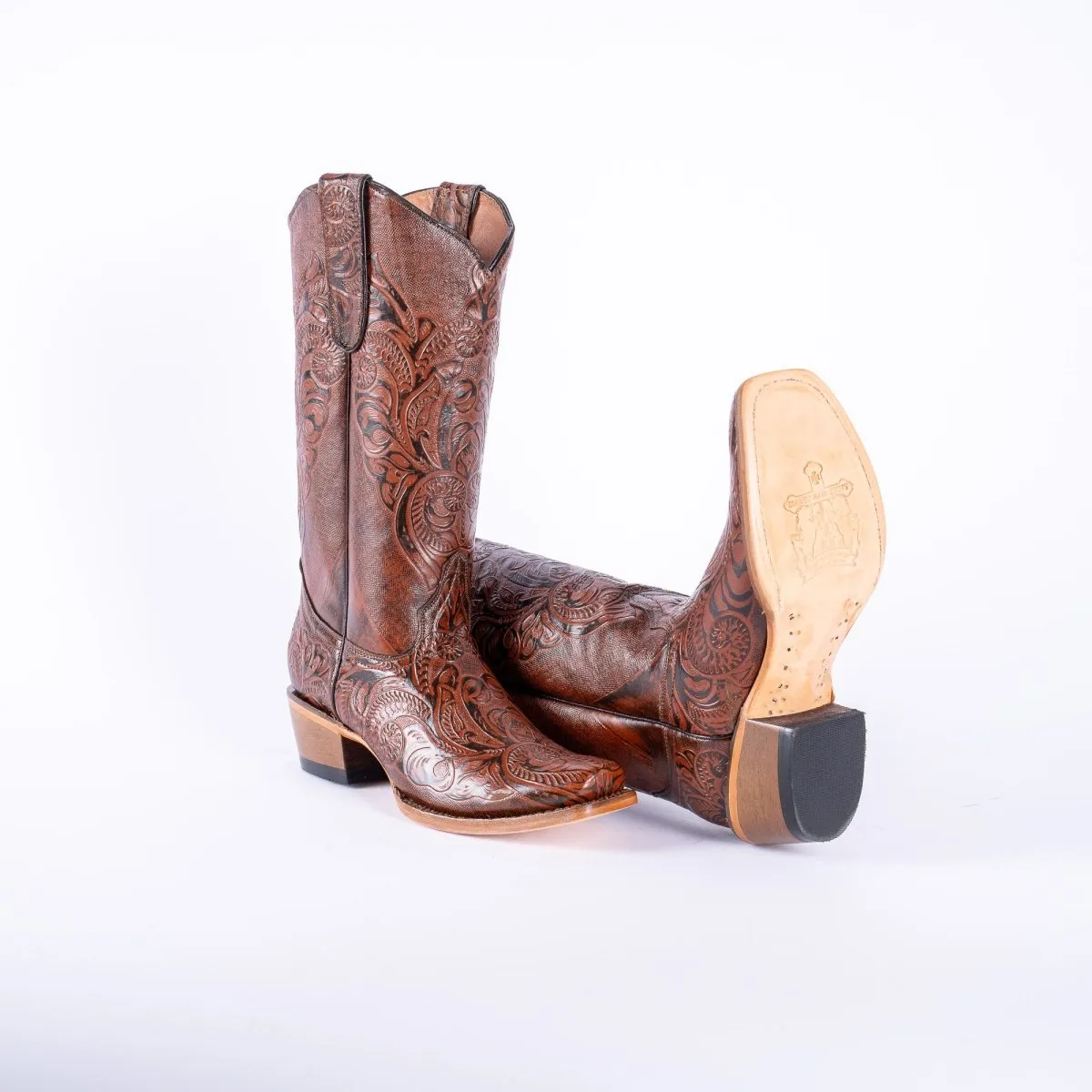 TANNER MARK WOMEN’S Handtooled Print Cognac Cowgirl Boots