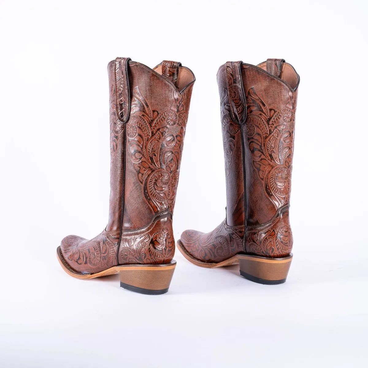 TANNER MARK WOMEN’S Handtooled Print Cognac Cowgirl Boots