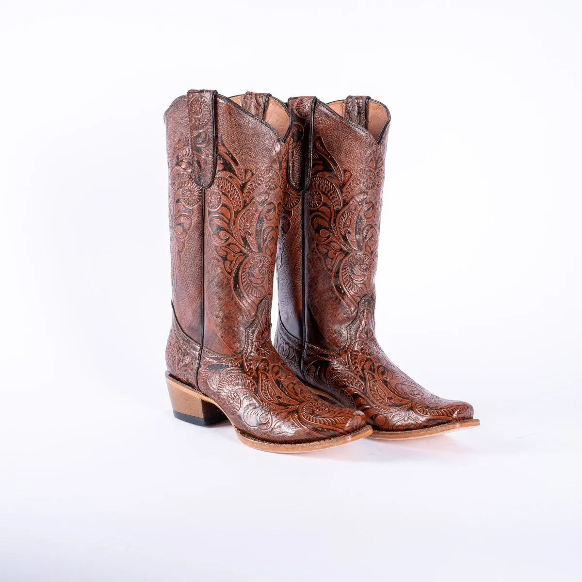 TANNER MARK WOMEN’S Handtooled Print Cognac Cowgirl Boots