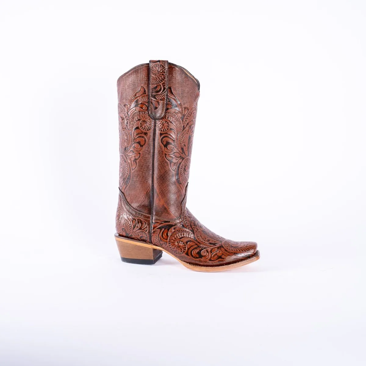 TANNER MARK WOMEN’S Handtooled Print Cognac Cowgirl Boots