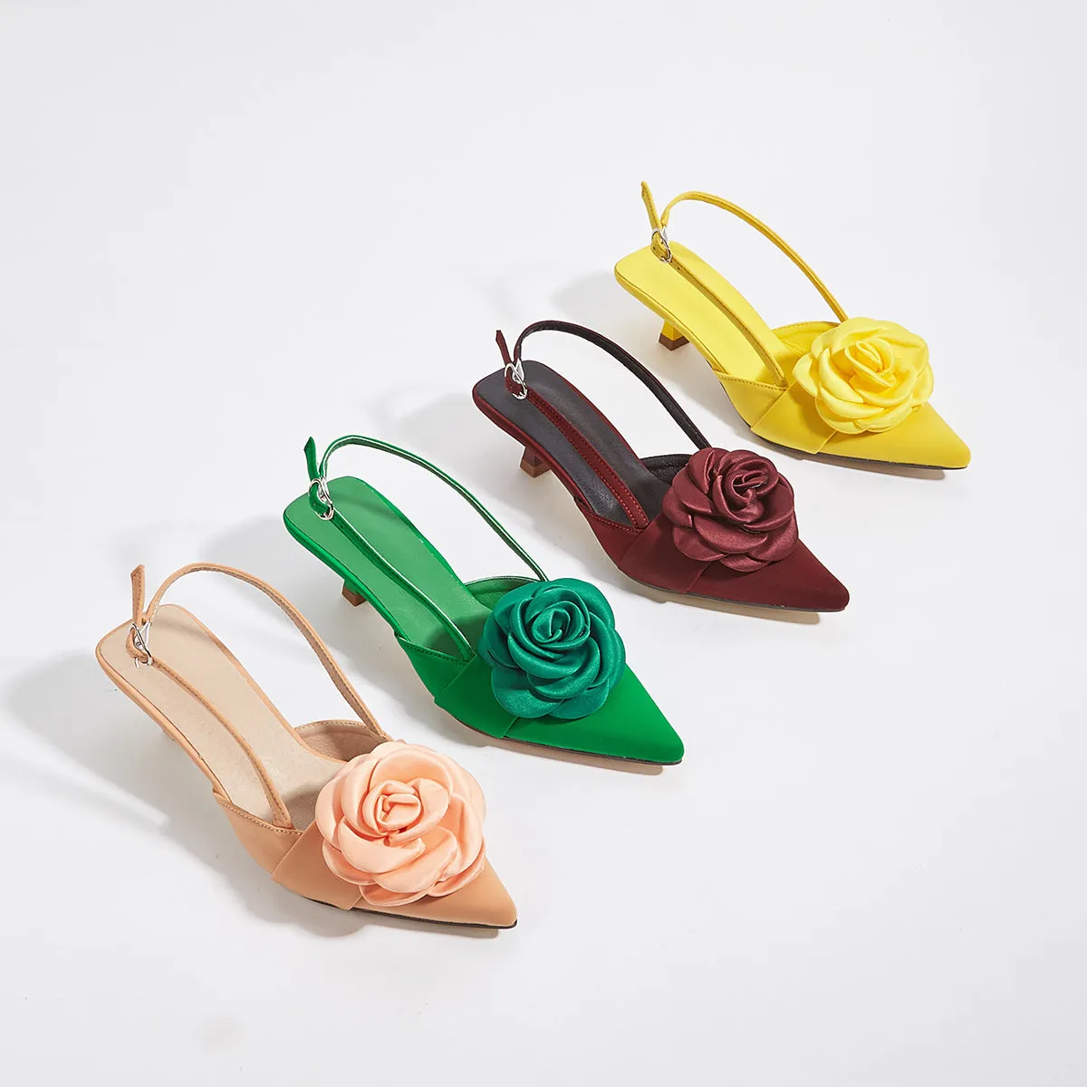 Three-dimensional Flower Decoration Kitten Heel Shoes Women's Elegant Closed Toe Back Empty
