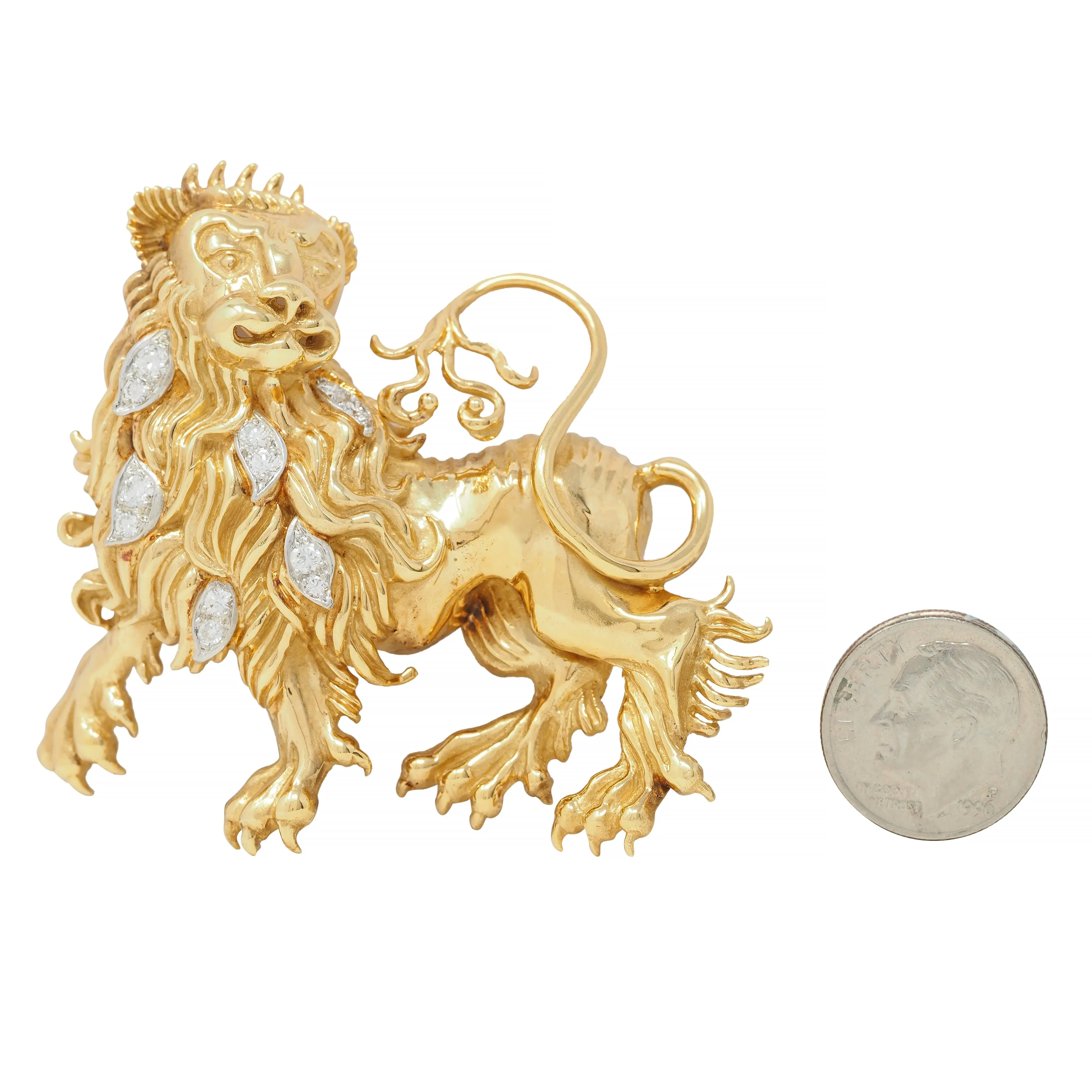 Tiffany & Co. 1960s Large Diamond 18 Karat Gold Platinum Heraldic Vintage Lion Unisex Animal Brooch