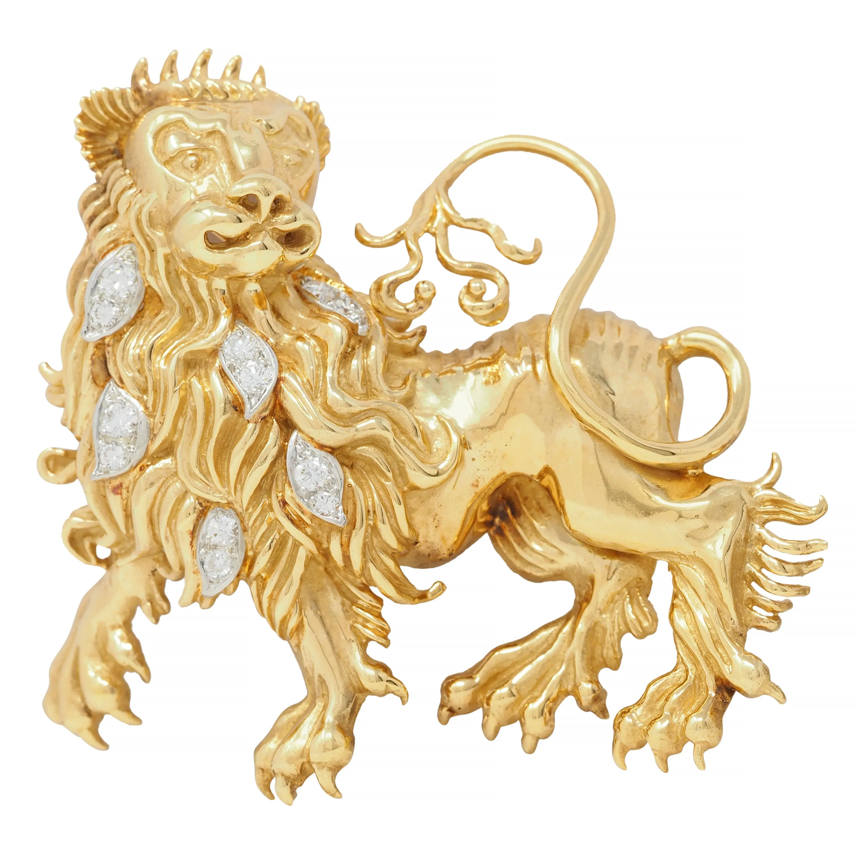 Tiffany & Co. 1960s Large Diamond 18 Karat Gold Platinum Heraldic Vintage Lion Unisex Animal Brooch