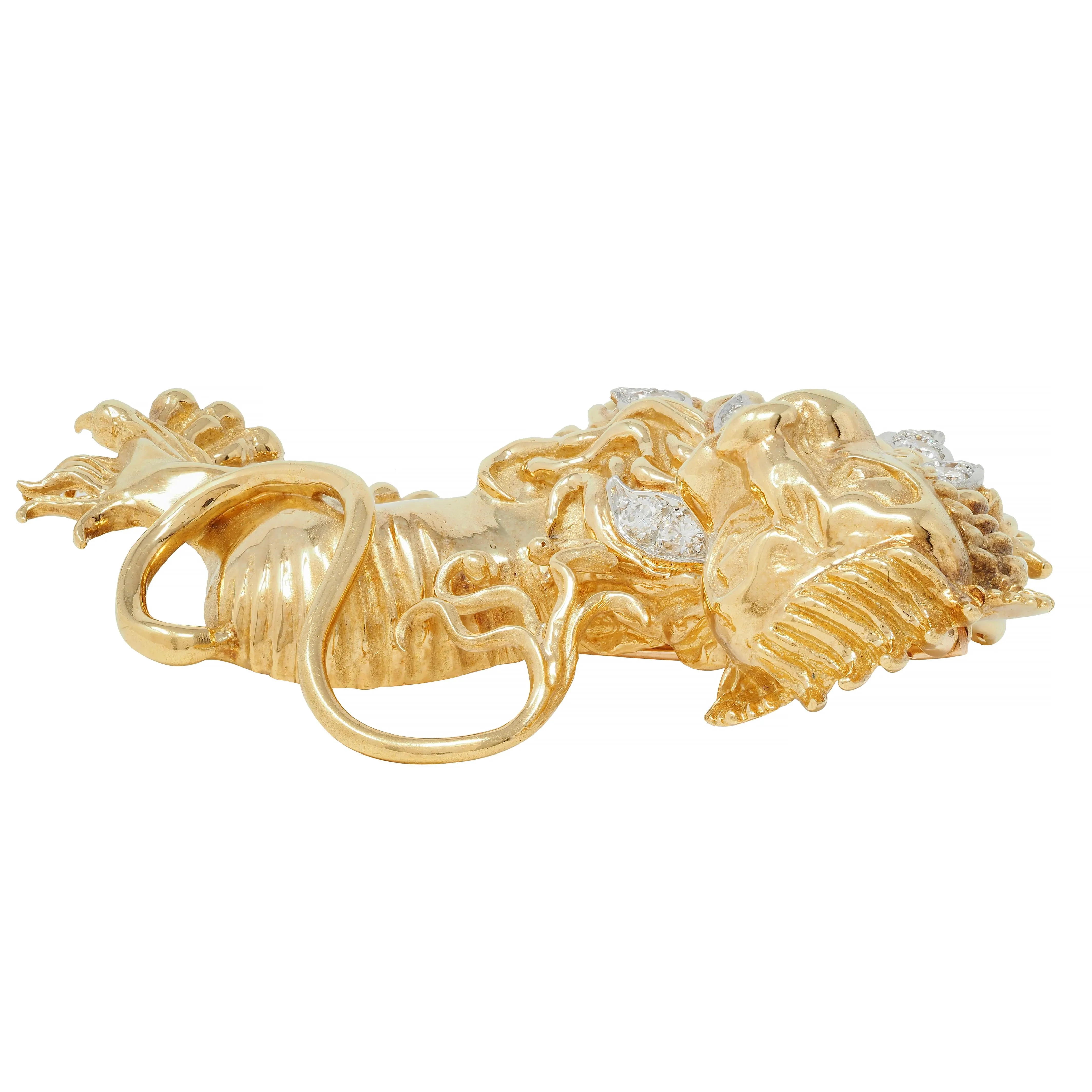 Tiffany & Co. 1960s Large Diamond 18 Karat Gold Platinum Heraldic Vintage Lion Unisex Animal Brooch