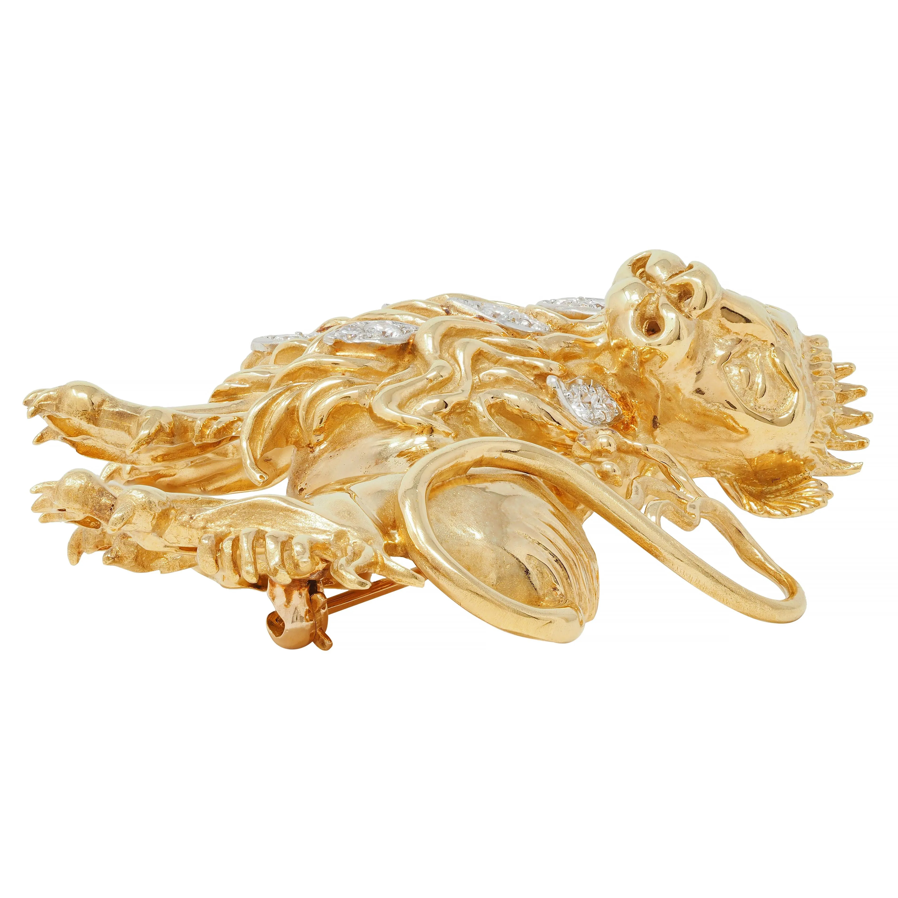 Tiffany & Co. 1960s Large Diamond 18 Karat Gold Platinum Heraldic Vintage Lion Unisex Animal Brooch