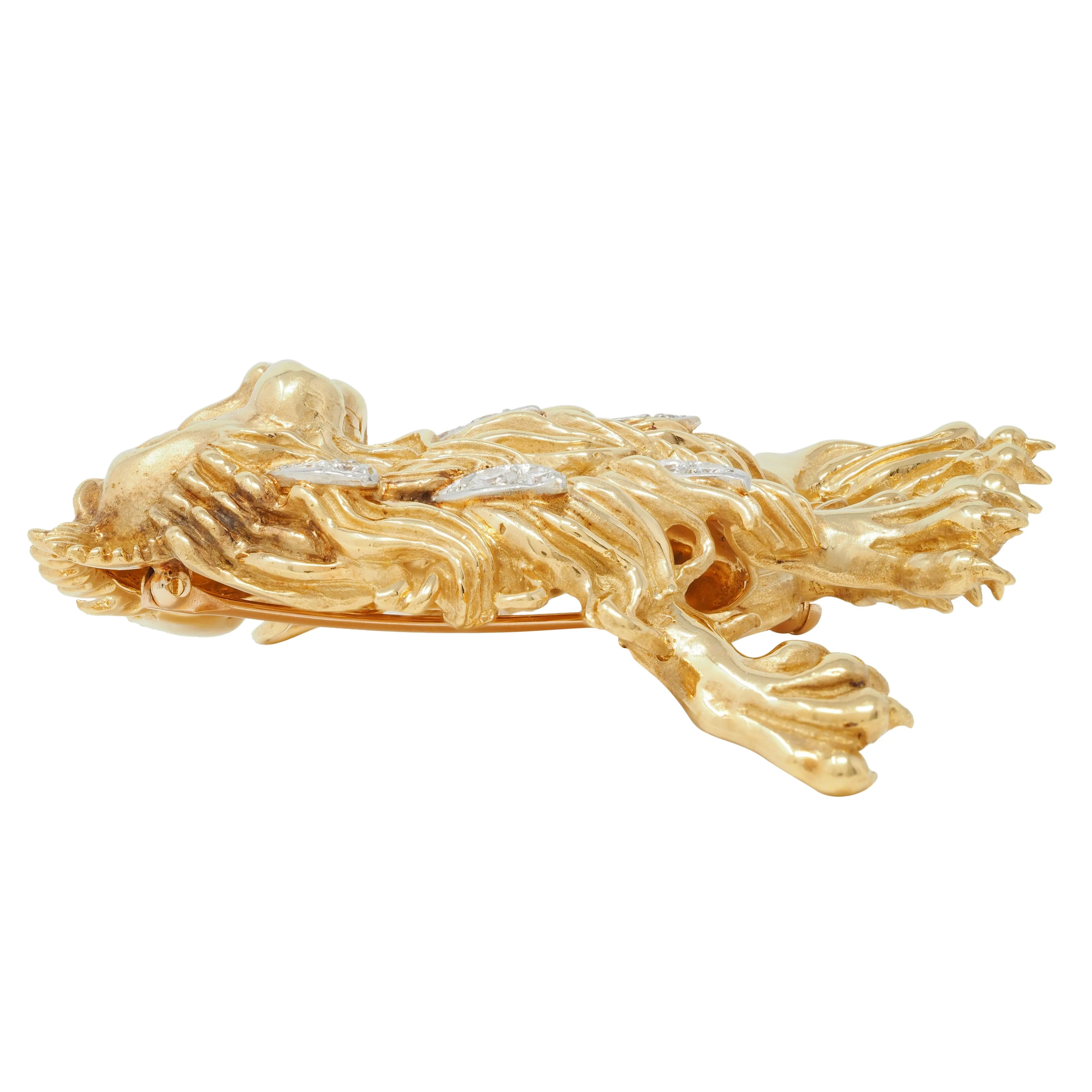 Tiffany & Co. 1960s Large Diamond 18 Karat Gold Platinum Heraldic Vintage Lion Unisex Animal Brooch