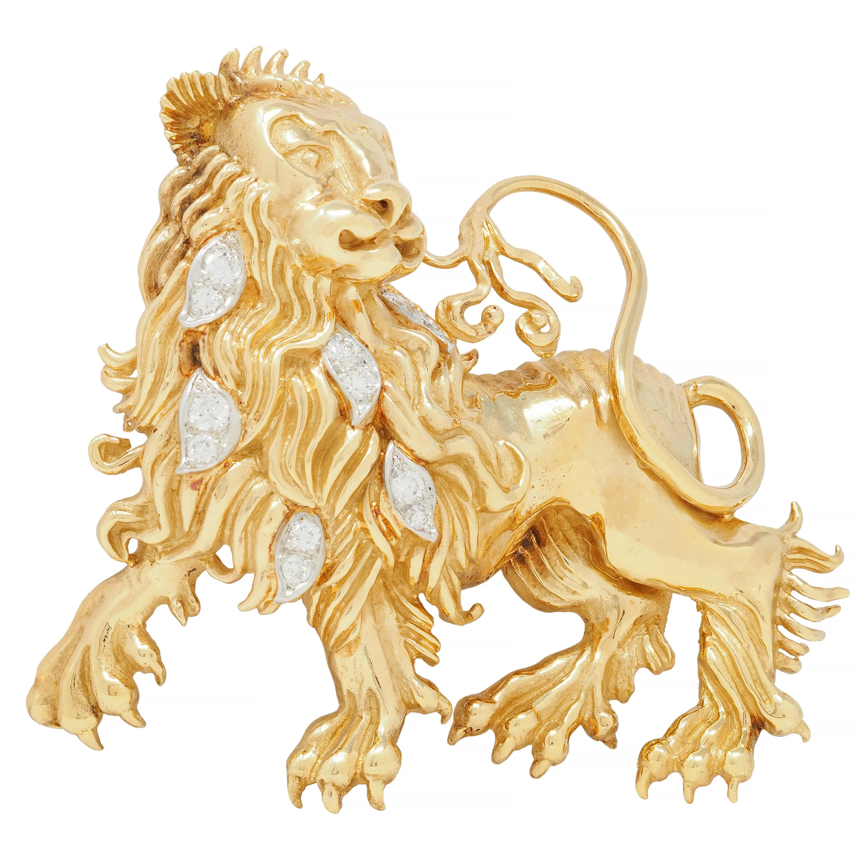 Tiffany & Co. 1960s Large Diamond 18 Karat Gold Platinum Heraldic Vintage Lion Unisex Animal Brooch