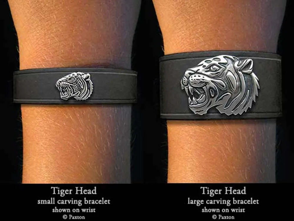 Tiger Head Bracelet Sterling Silver on Genuine Leather