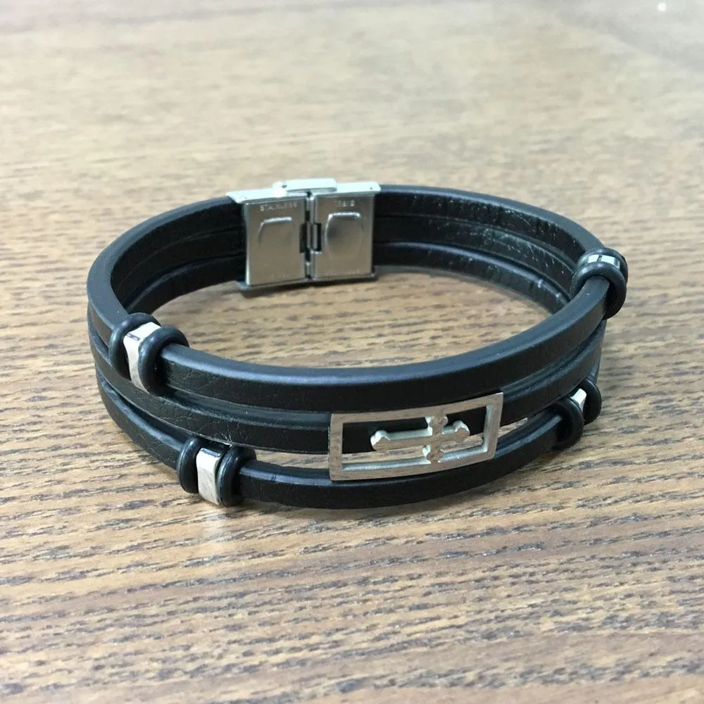 Trendy Genuine Leather Stainless Steel Holy Cross Bracelets for Men, Triple Layer Wristband, Anniversary Jewelry Gift