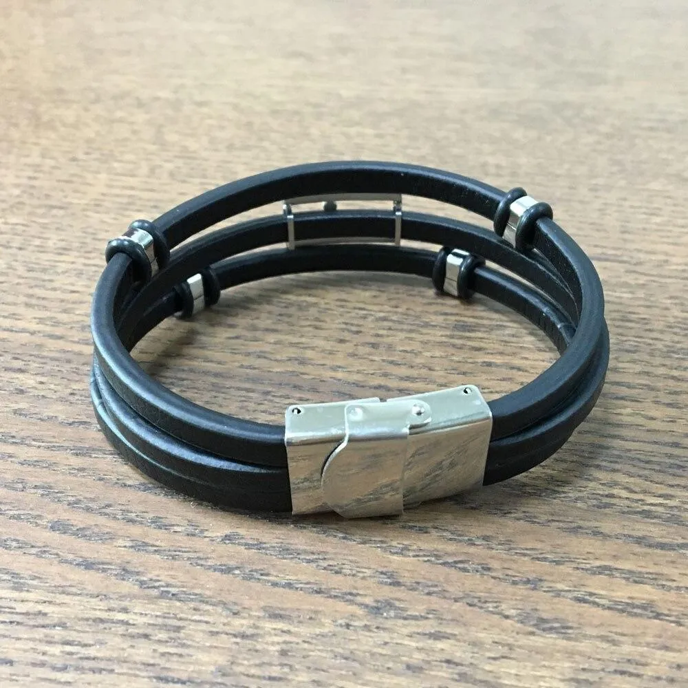 Trendy Genuine Leather Stainless Steel Holy Cross Bracelets for Men, Triple Layer Wristband, Anniversary Jewelry Gift