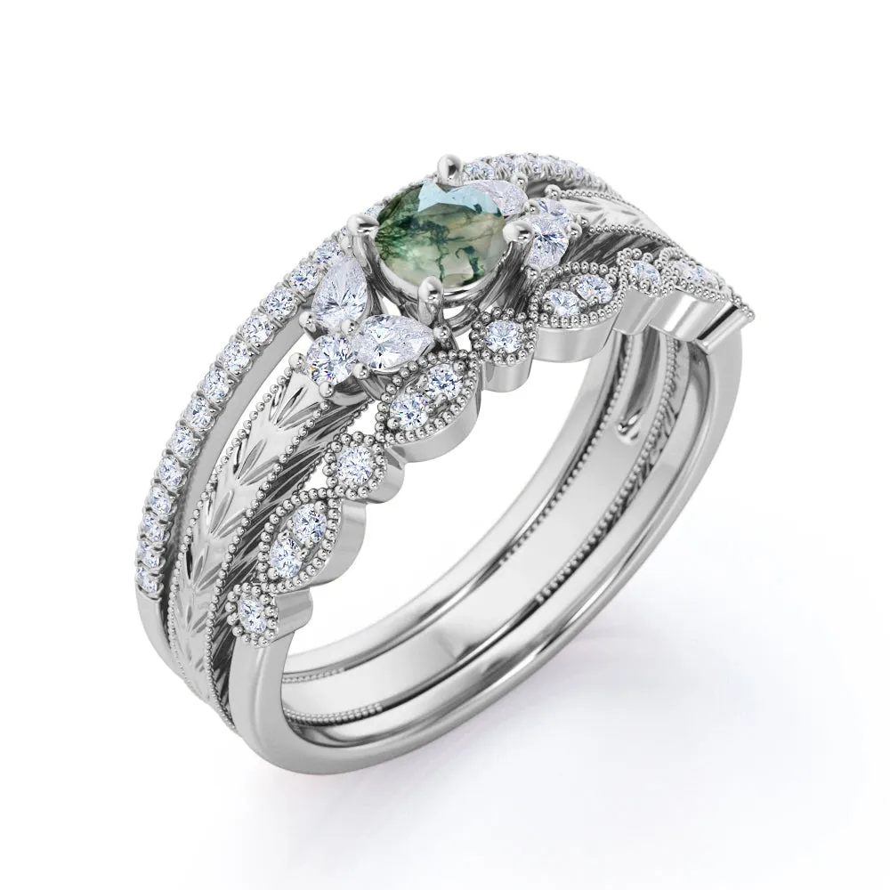 Trio 7 Stone 1 carat Round Cut Moss Green Agate and Diamond 3 Piece Engagement Rings Set with Matching Wedding Bands in White Gold