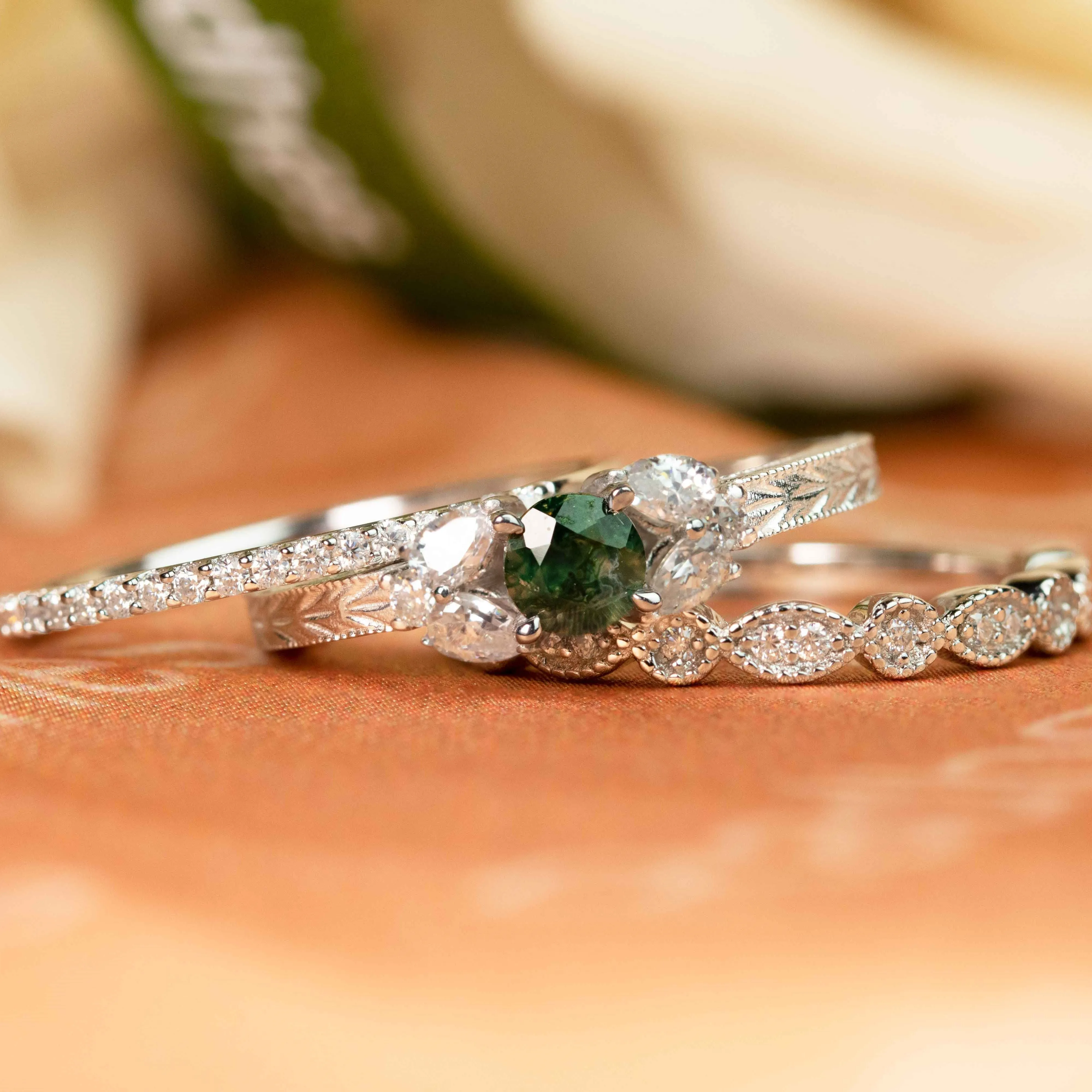 Trio 7 Stone 1 carat Round Cut Moss Green Agate and Diamond 3 Piece Engagement Rings Set with Matching Wedding Bands in White Gold