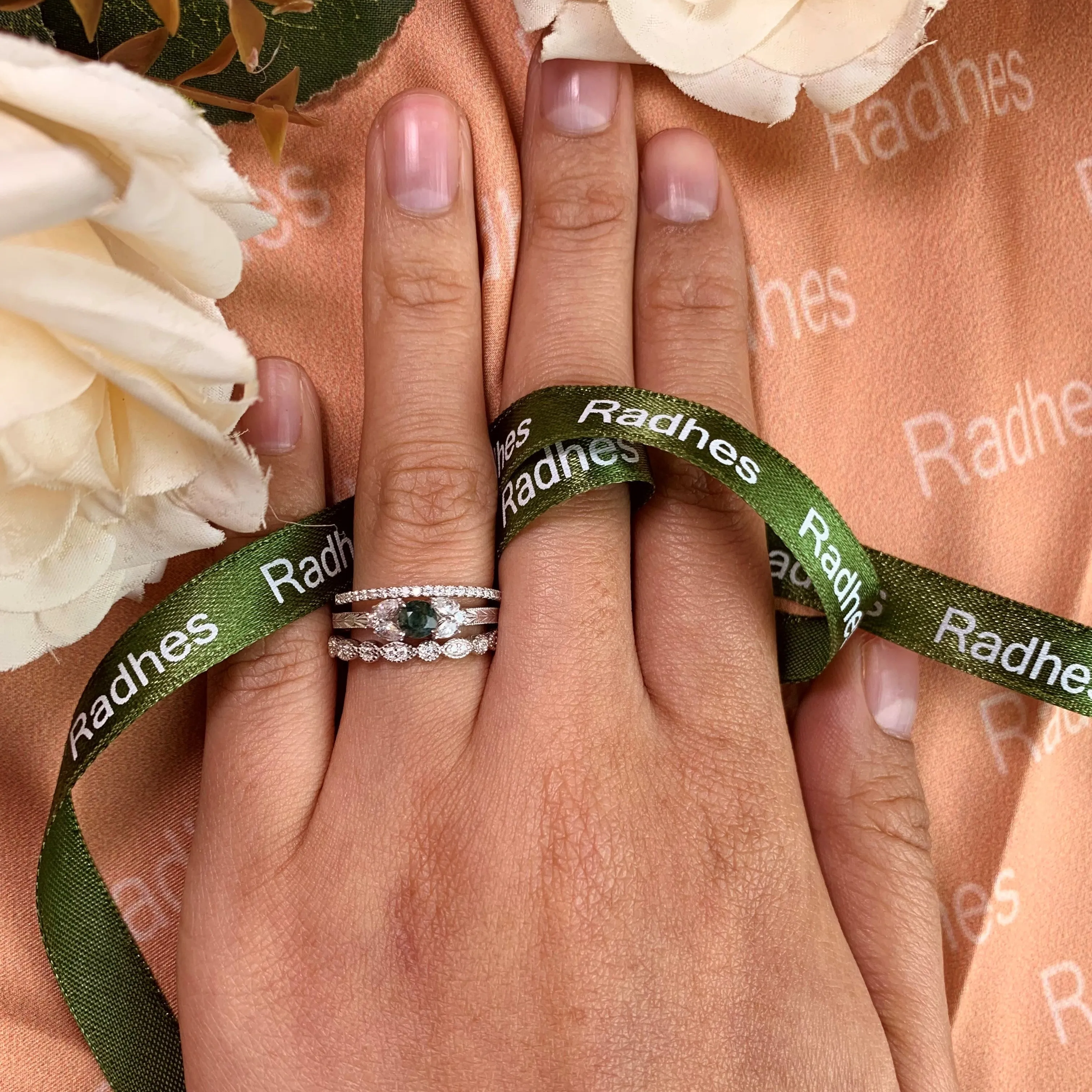 Trio 7 Stone 1 carat Round Cut Moss Green Agate and Diamond 3 Piece Engagement Rings Set with Matching Wedding Bands in White Gold