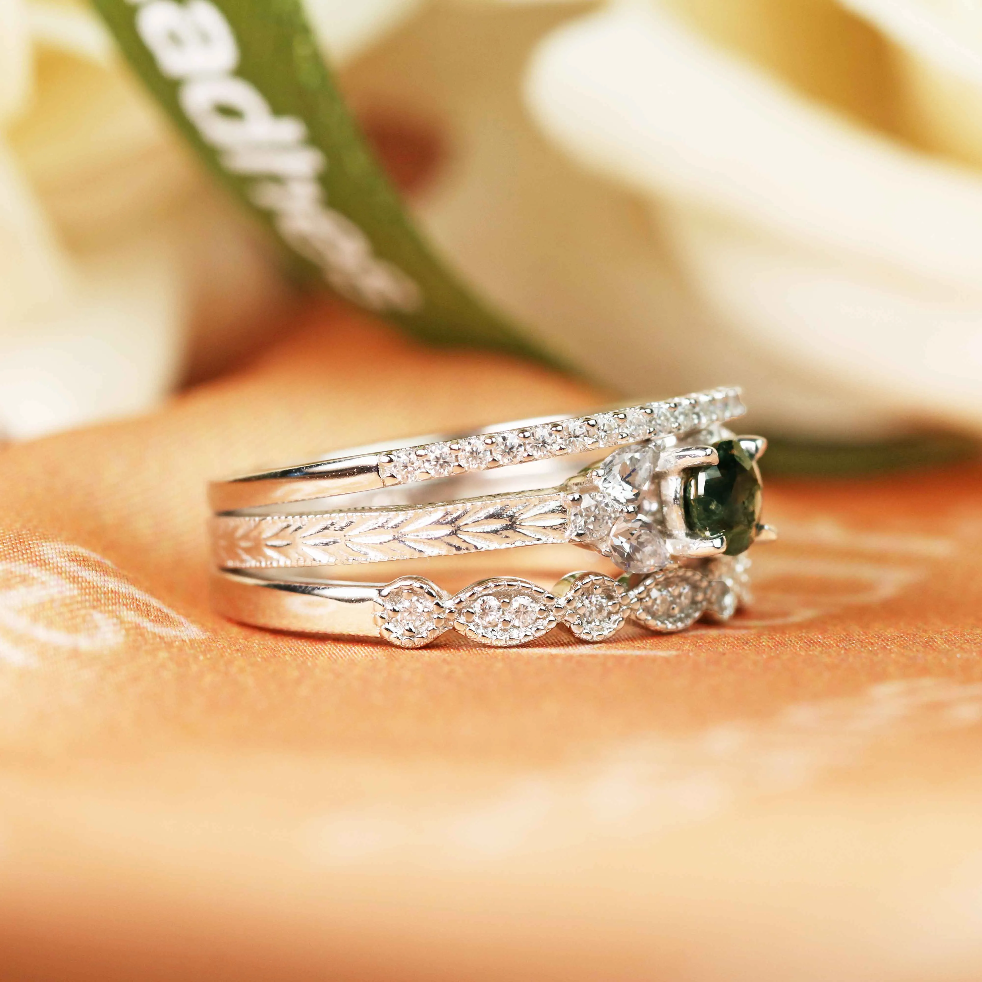 Trio 7 Stone 1 carat Round Cut Moss Green Agate and Diamond 3 Piece Engagement Rings Set with Matching Wedding Bands in White Gold