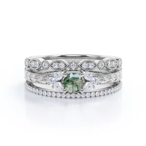 Trio 7 Stone 1 carat Round Cut Moss Green Agate and Diamond 3 Piece Engagement Rings Set with Matching Wedding Bands in White Gold