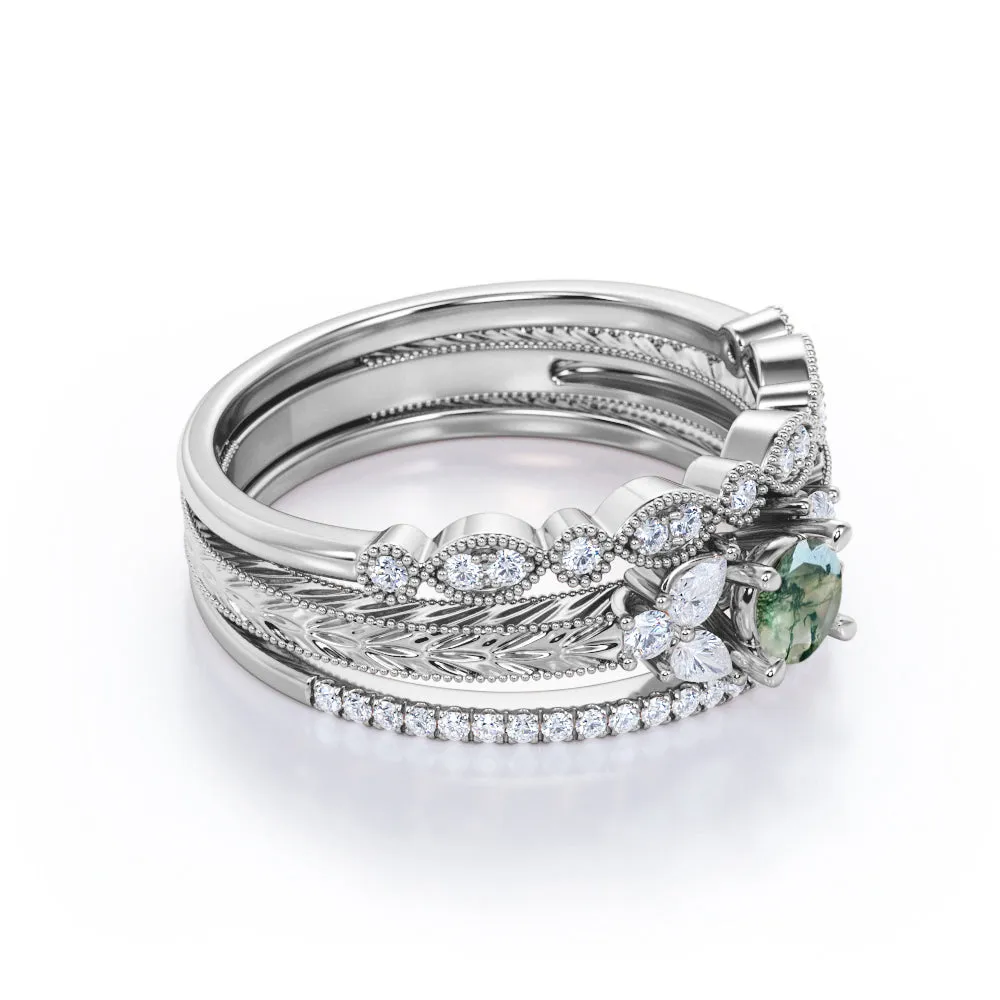 Trio 7 Stone 1 carat Round Cut Moss Green Agate and Diamond 3 Piece Engagement Rings Set with Matching Wedding Bands in White Gold