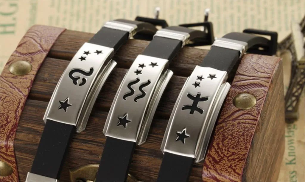 Twelve Constellations Cuff Bracelet Men Jewelry Stainless Steel Genuine Silicone Leather Bracelets & Bangles For Christmas Gift