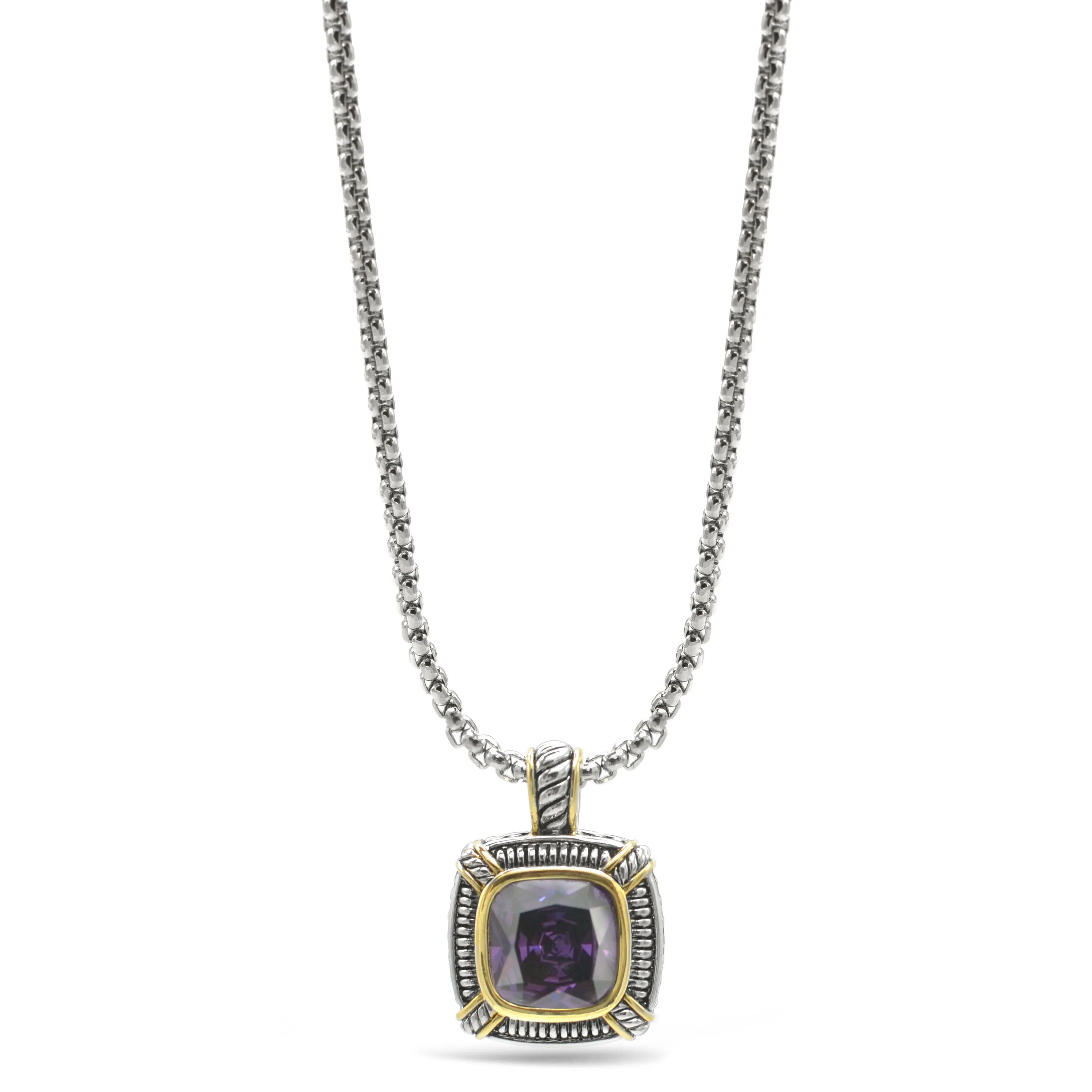 TWO TONE AMETHYST CRYSTAL SQUARE PENDANT BOX CHAIN NECKLACE #93012EH-AM(FE16/(FA17)