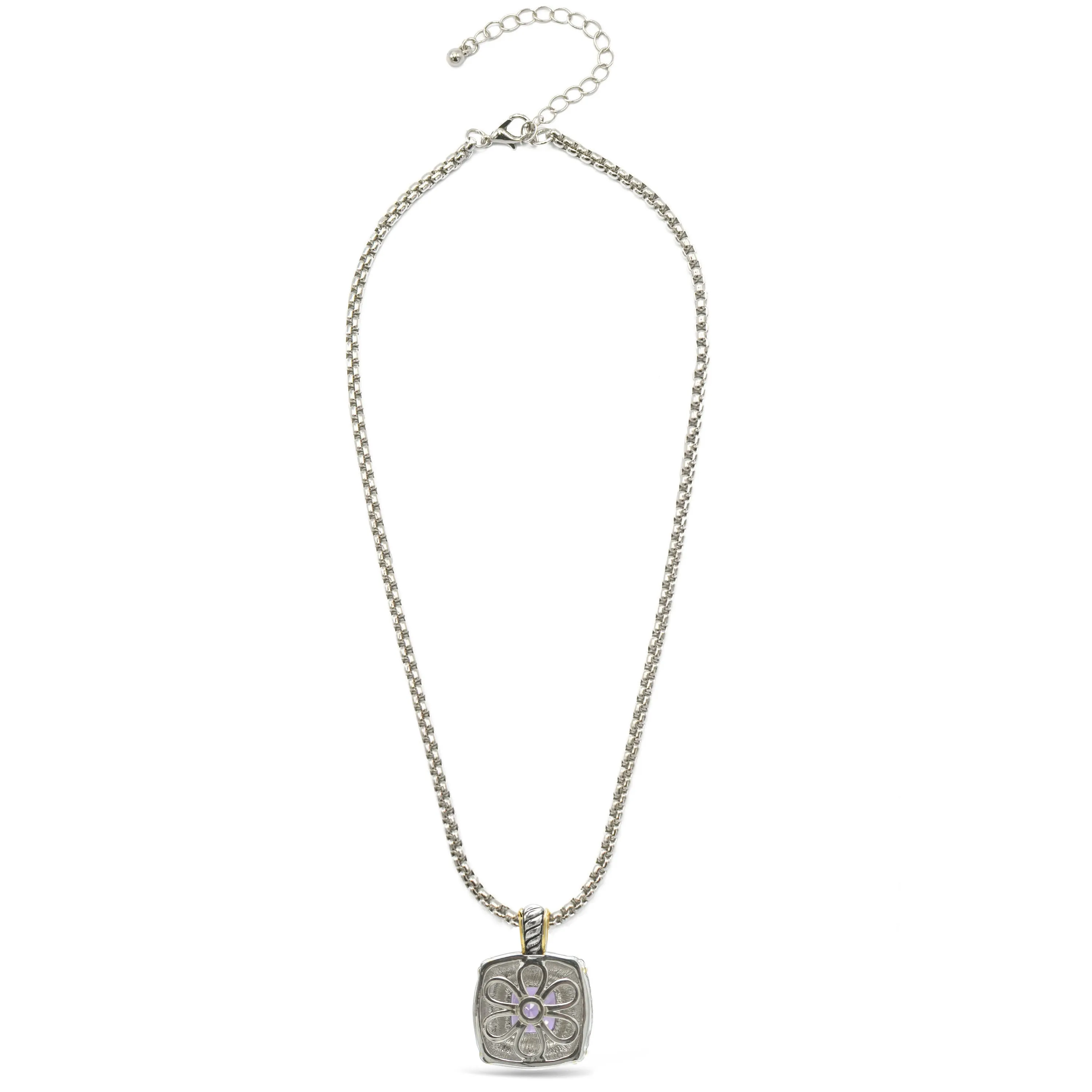 TWO TONE AMETHYST CRYSTAL SQUARE PENDANT BOX CHAIN NECKLACE #93012EH-AM(FE16/(FA17)