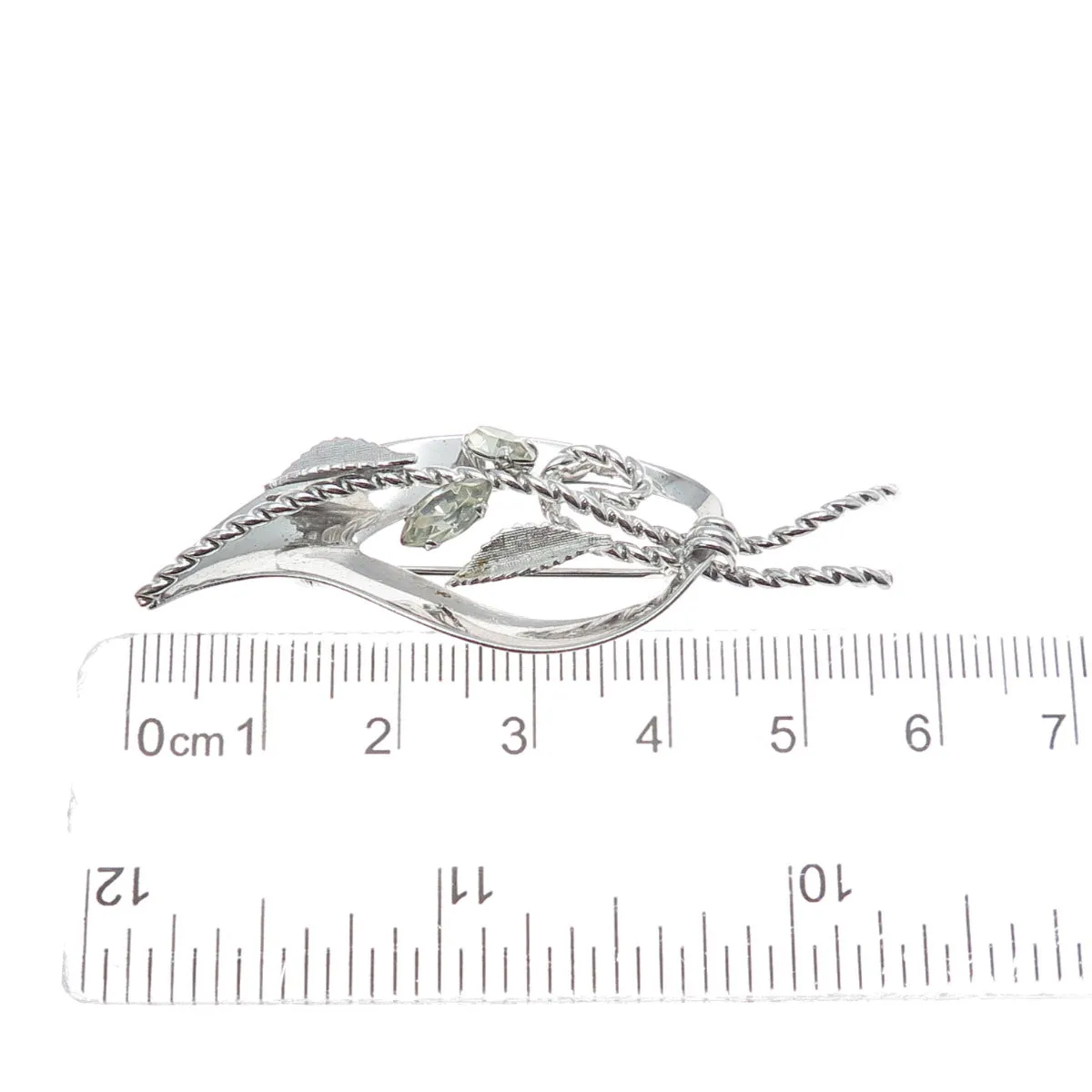 VAN DELL 925 Sterling Silver Antique Art Deco Rhinestone Leaf Pin Brooch