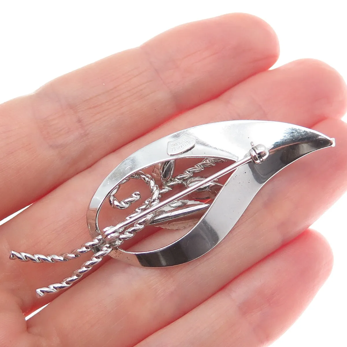 VAN DELL 925 Sterling Silver Antique Art Deco Rhinestone Leaf Pin Brooch