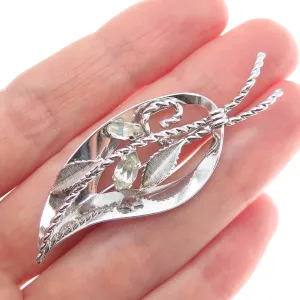 VAN DELL 925 Sterling Silver Antique Art Deco Rhinestone Leaf Pin Brooch