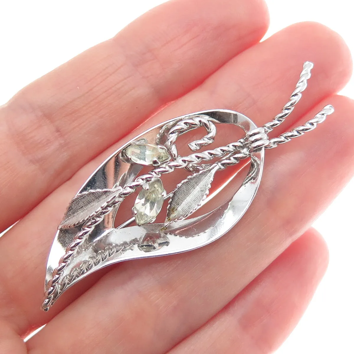 VAN DELL 925 Sterling Silver Antique Art Deco Rhinestone Leaf Pin Brooch