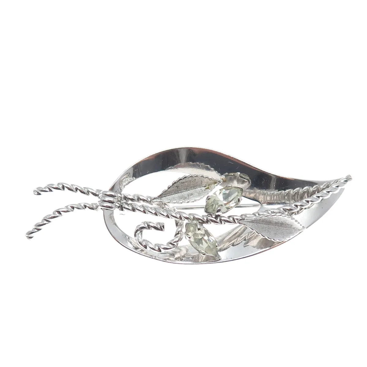 VAN DELL 925 Sterling Silver Antique Art Deco Rhinestone Leaf Pin Brooch
