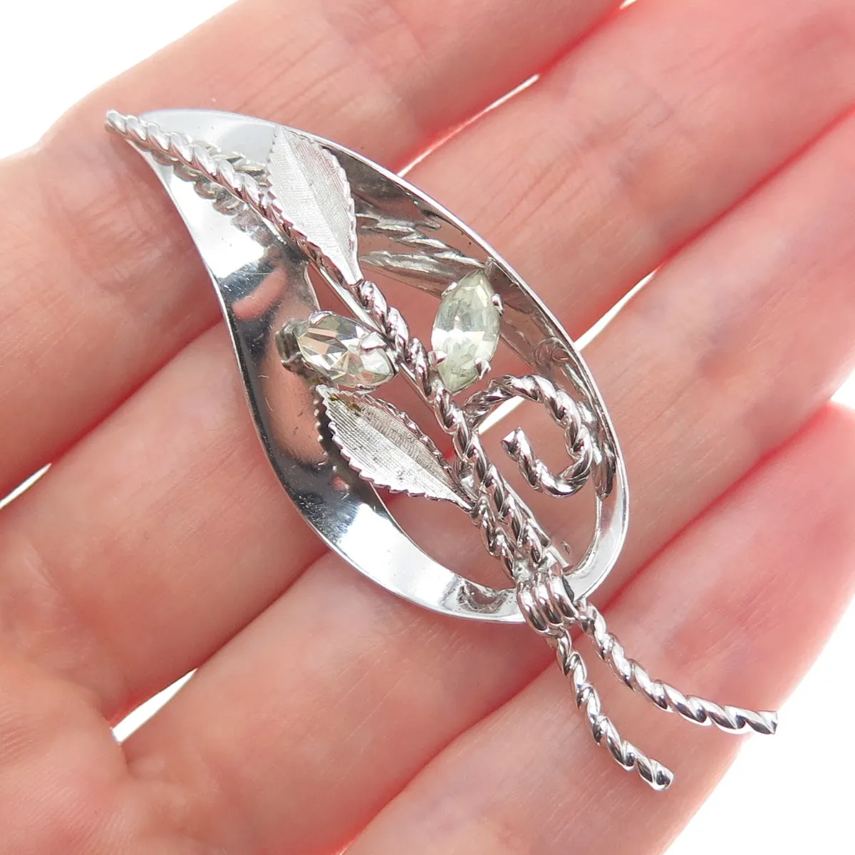 VAN DELL 925 Sterling Silver Antique Art Deco Rhinestone Leaf Pin Brooch