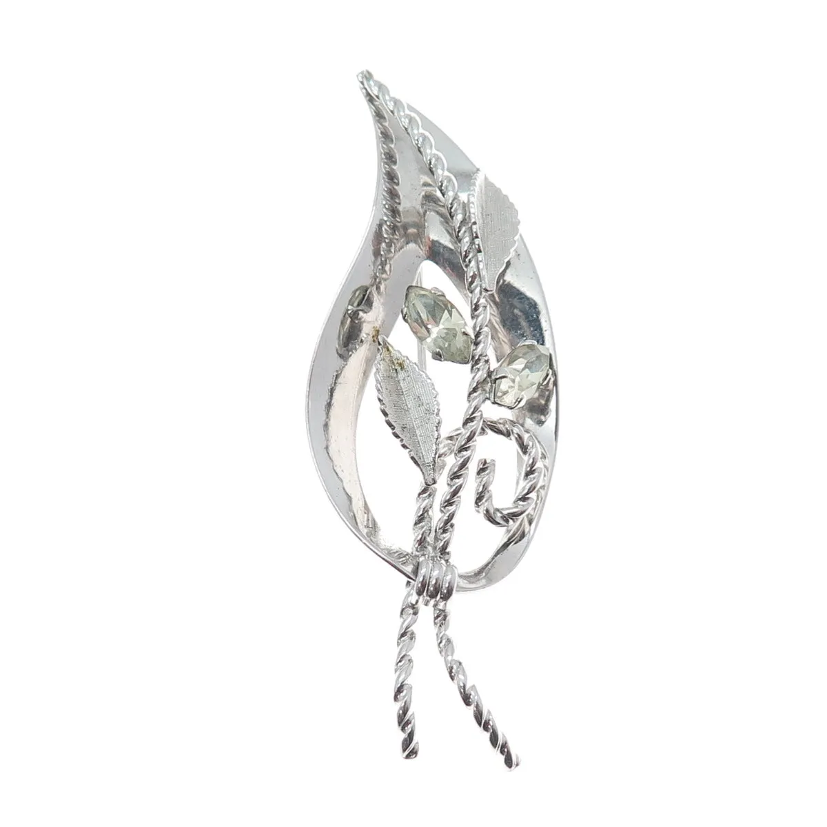 VAN DELL 925 Sterling Silver Antique Art Deco Rhinestone Leaf Pin Brooch