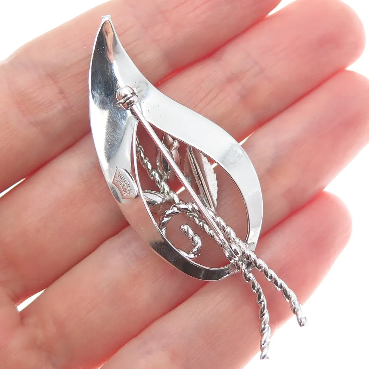 VAN DELL 925 Sterling Silver Antique Art Deco Rhinestone Leaf Pin Brooch