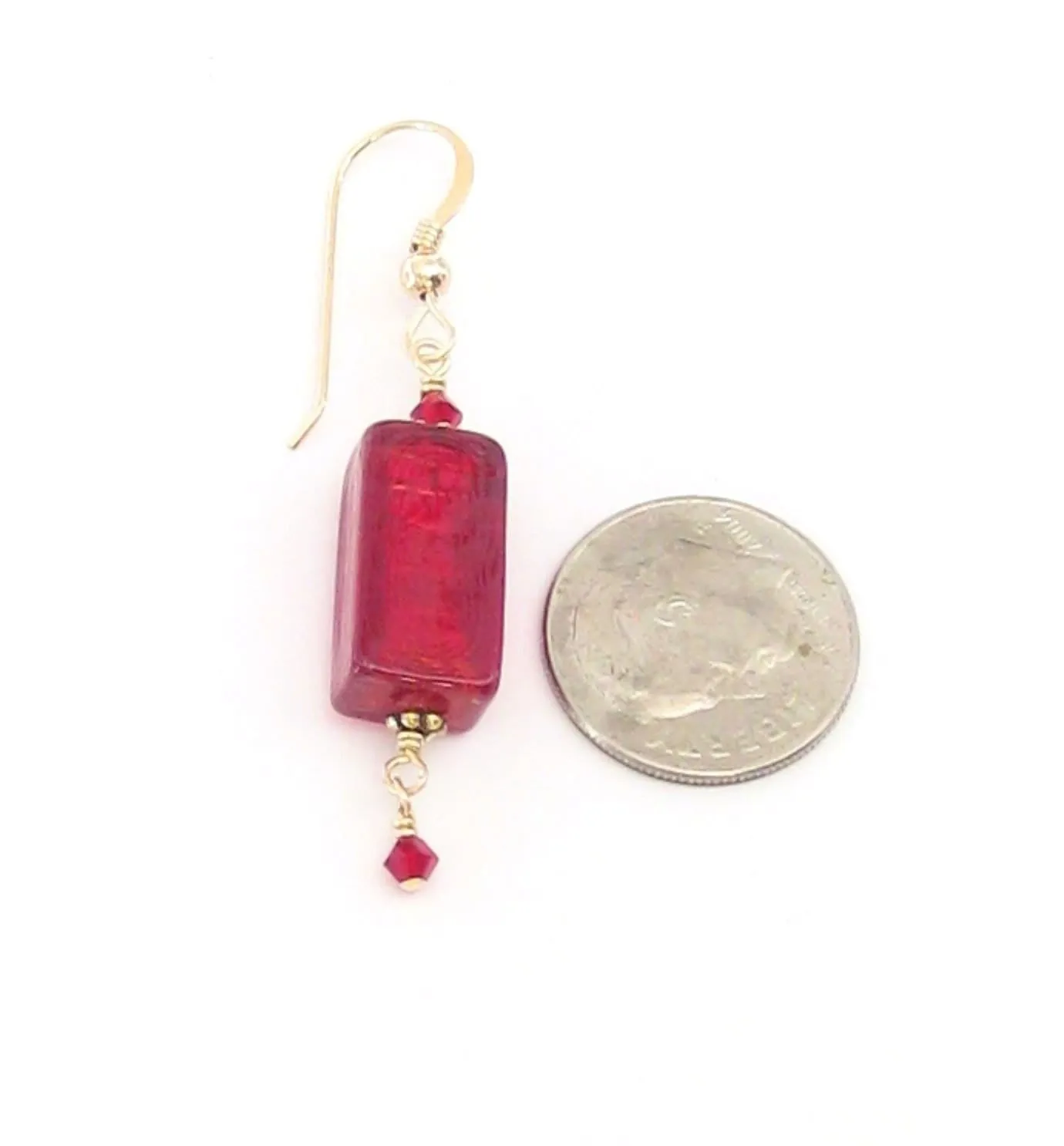 Venetian Glass Red Rectangle Gold Earrings, Gold Filled Fishhooks
