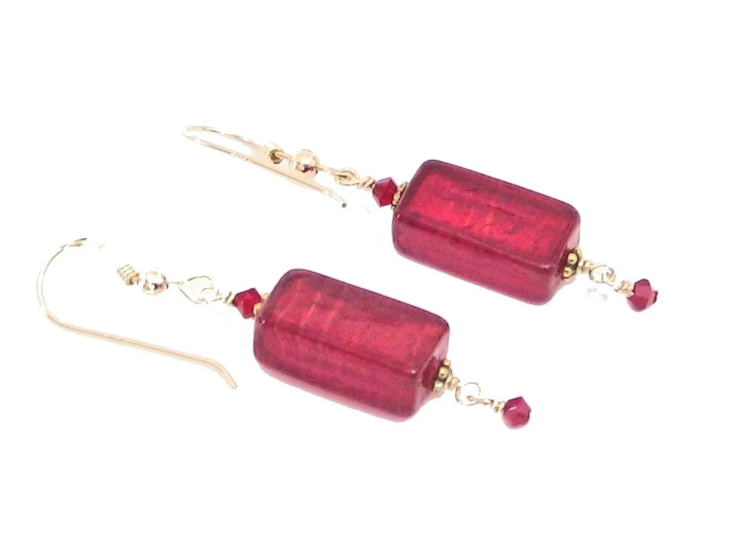 Venetian Glass Red Rectangle Gold Earrings, Gold Filled Fishhooks