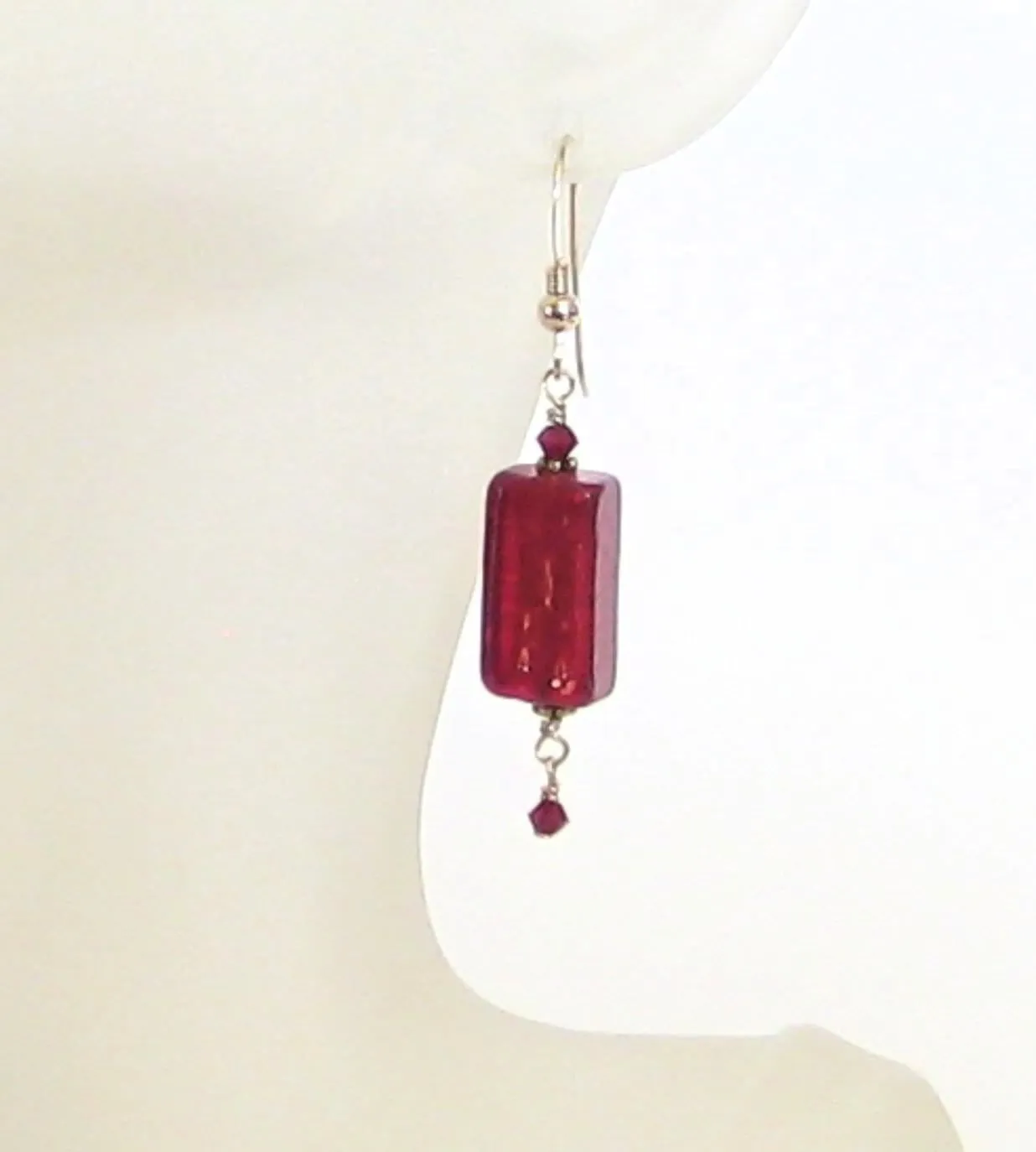 Venetian Glass Red Rectangle Gold Earrings, Gold Filled Fishhooks