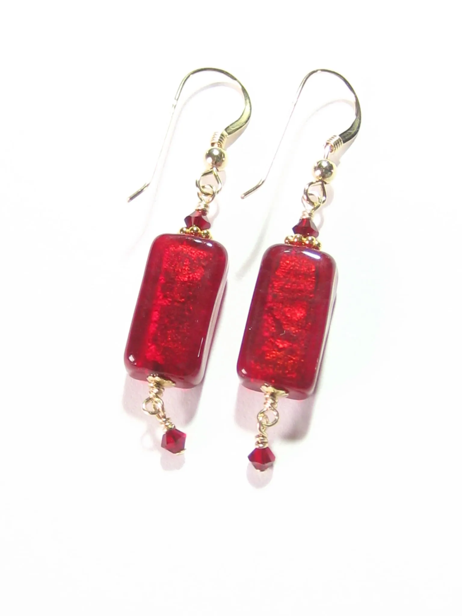 Venetian Glass Red Rectangle Gold Earrings, Gold Filled Fishhooks