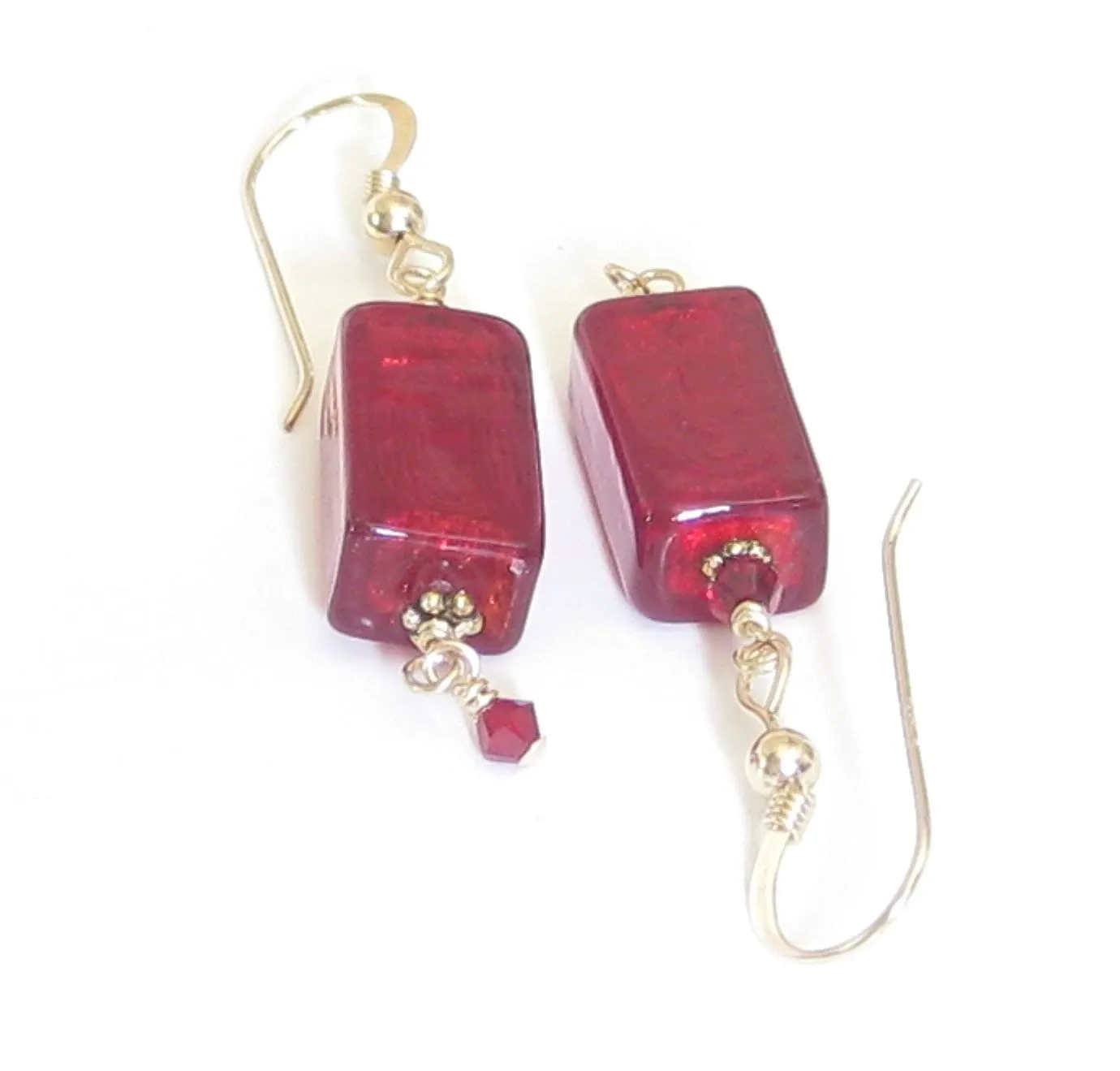Venetian Glass Red Rectangle Gold Earrings, Gold Filled Fishhooks