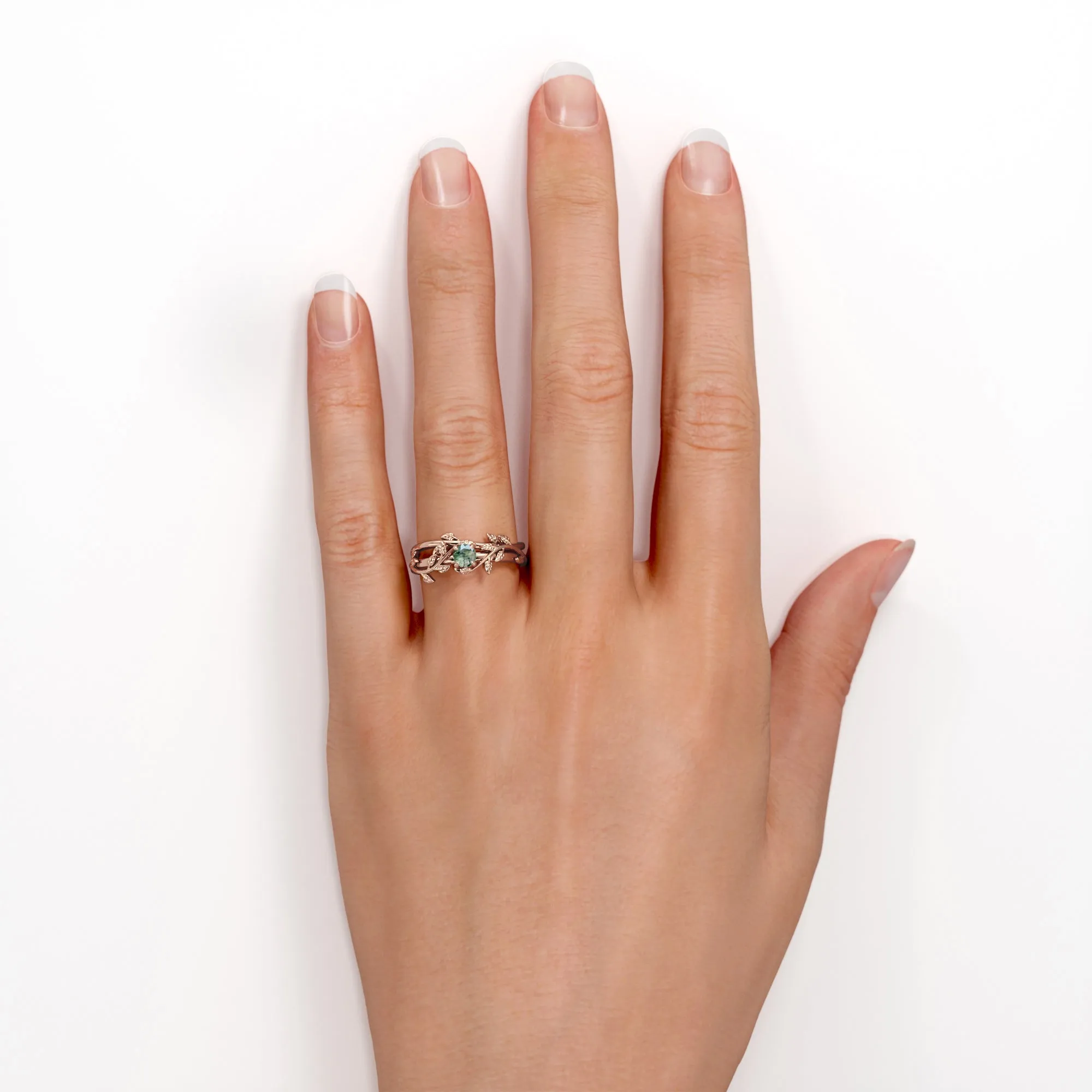 Vine 1 carat Round Cut Moss Green Agate Solitaire Wedding Ring Set for Women with Matching Leaf Design Wedding Band in Rose Gold