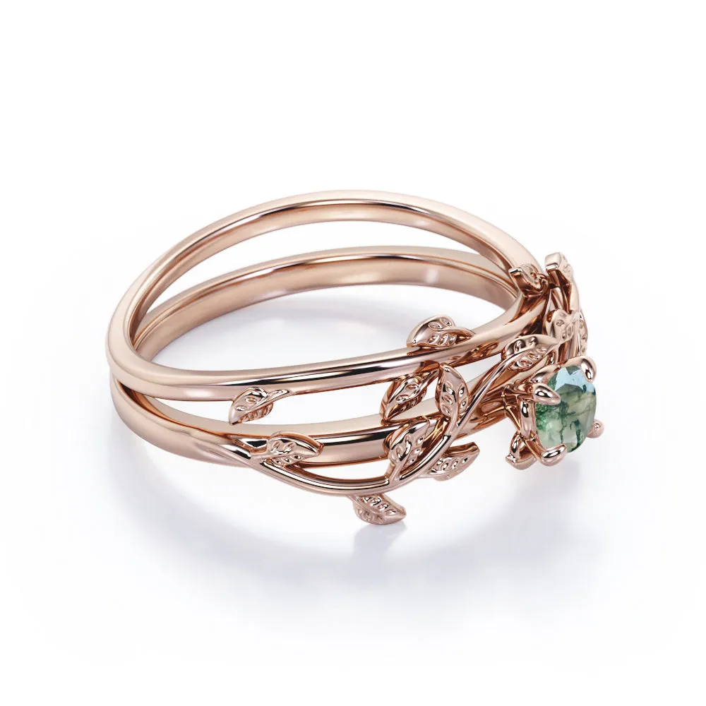 Vine 1 carat Round Cut Moss Green Agate Solitaire Wedding Ring Set for Women with Matching Leaf Design Wedding Band in Rose Gold